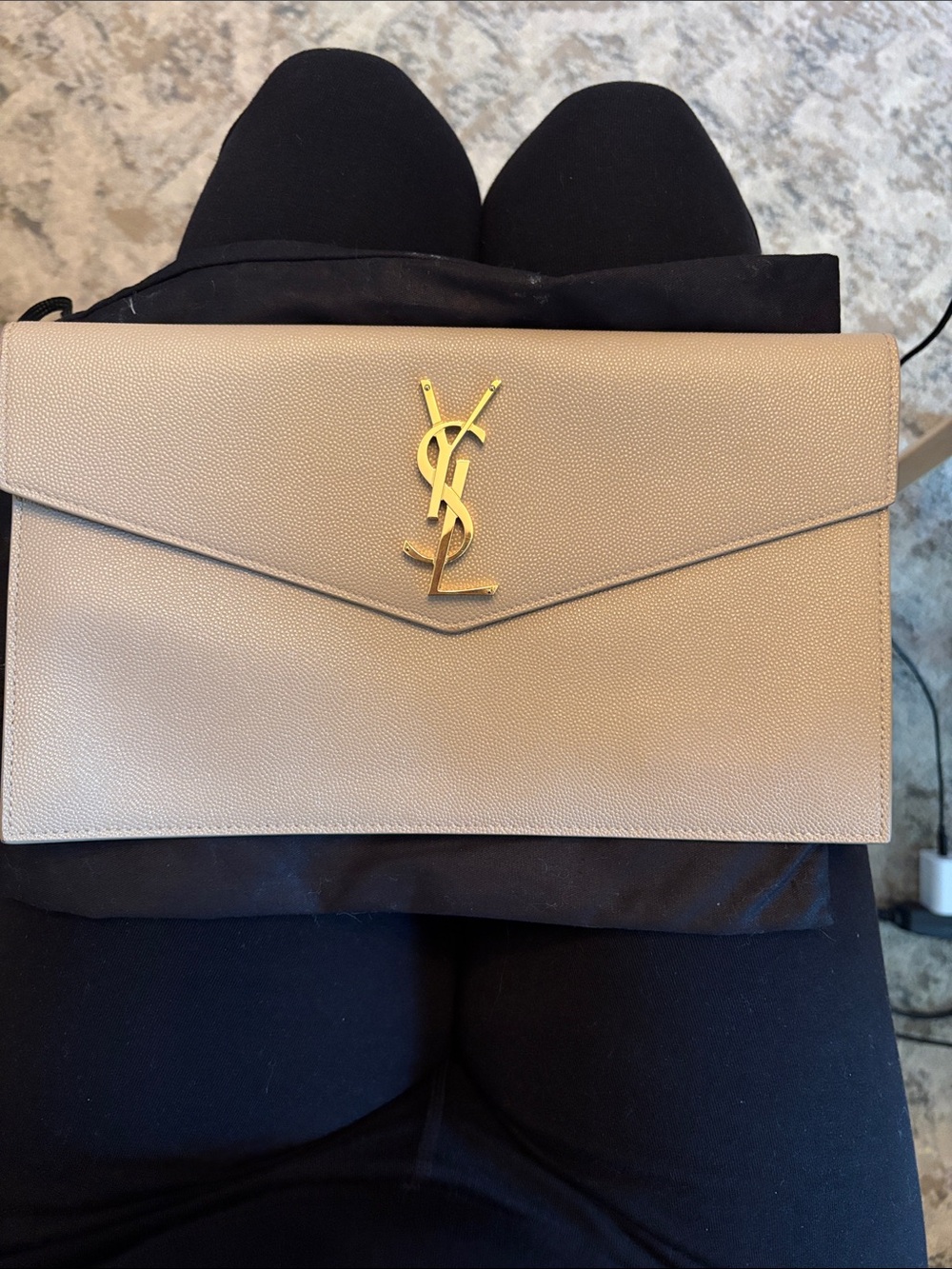 Saint Laurent Taupe Leather Envelope Clutch with Gold YSL Hardware